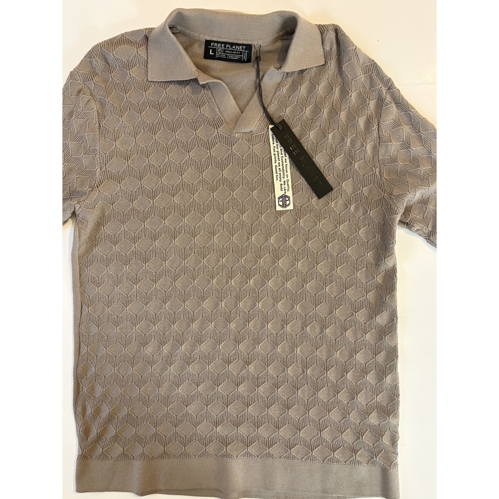 NWT Free Planet Men's Tan Knit Short Sleeve V-Neck Polo Shirt Size L